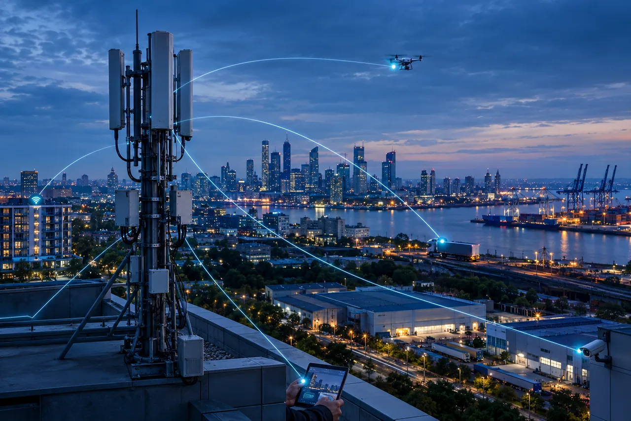 At dusk, a mobile network mast with antennas stands on a rooftop in the foreground, with thin glowing lines linking it to a drone, a lorry, a building, a security camera and a hand holding a tablet, above a city skyline and a container port.