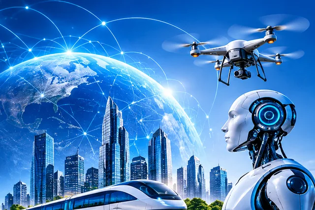 Illustration of a futuristic city under a glowing network globe, with a maglev train, a drone and a humanoid robot.